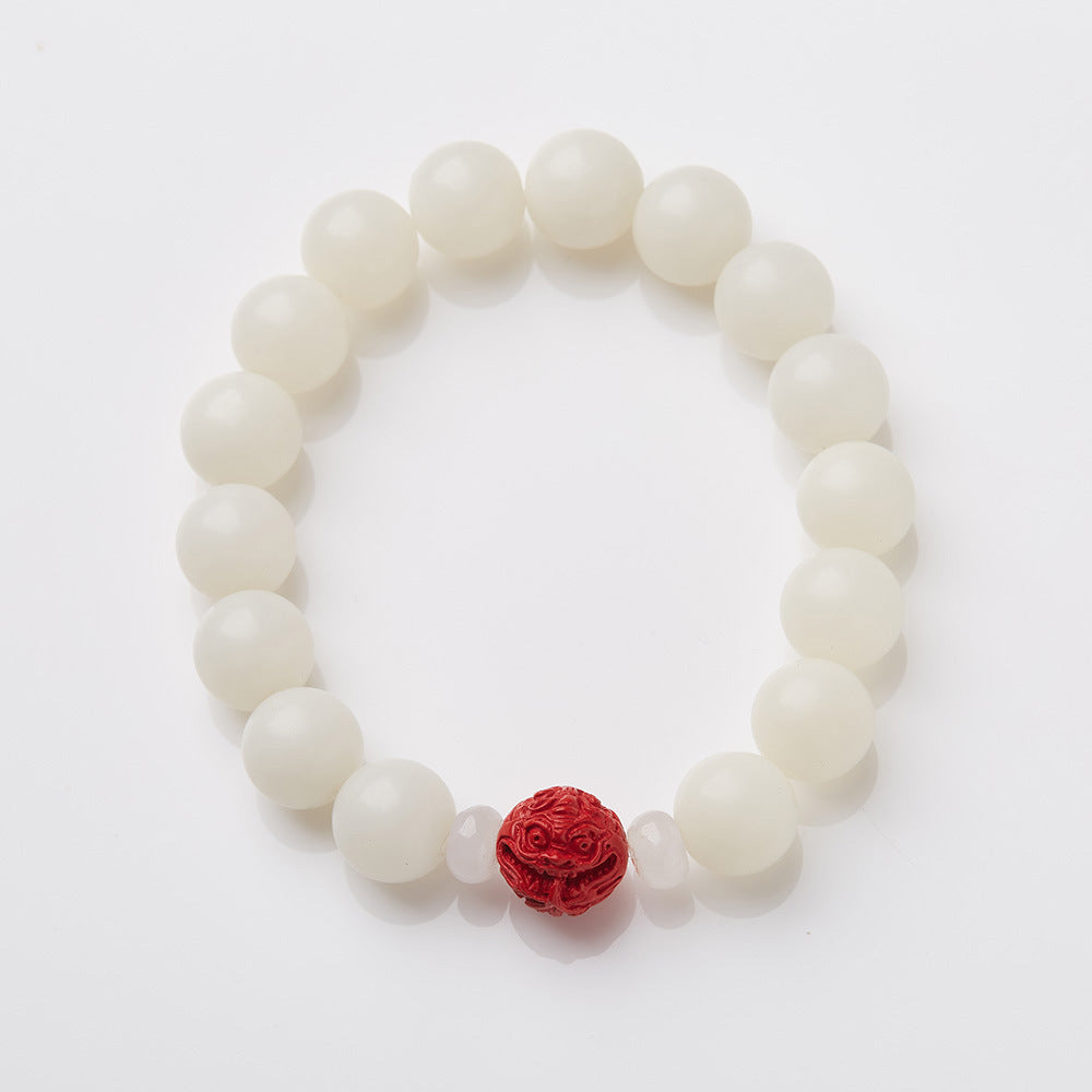 Temple Style Natural White Jade Bodhi Bracelet with Cinnabar and Red Sand Pixiu, Soft Wraparound Beads for Men and Women, Buddhist Prayer Beads
