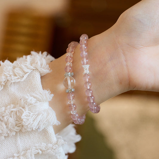 Strawberry Quartz Bracelet for Women, Small Waist White Quartz Double Circle Bracelet, High-end Crystal