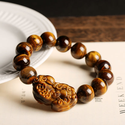 Natural Yellow Tiger Eye Stone Pixiu Bracelet A Grade Natural Tiger Eye Stone14MM Men's Tiger Eye Pixiu Bracelet Live Broadcast
