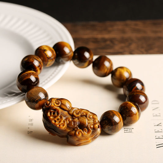 Natural Yellow Tiger Eye Stone Pixiu Bracelet A Grade Natural Tiger Eye Stone14MM Men's Tiger Eye Pixiu Bracelet Live Broadcast