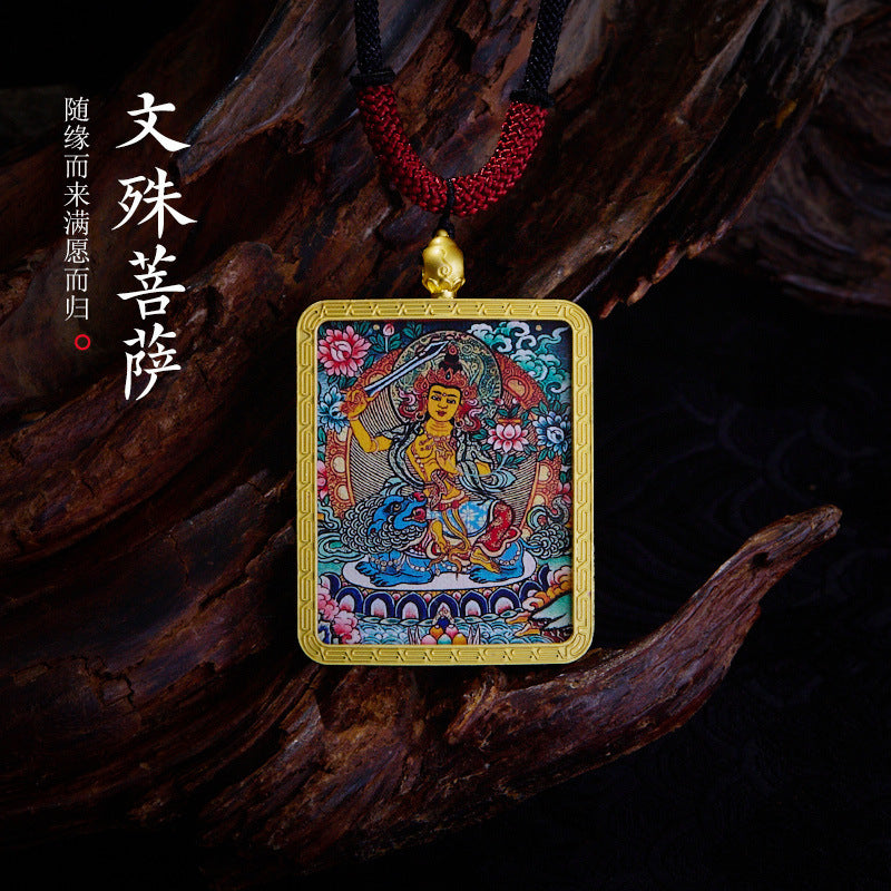 Tibetan Style Golden Thangka Necklace Five Green Tara Pendant Sweater Chain Gawu Box Zakilam Pendant Necklace