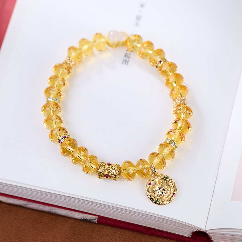 Nine Purple Fire Faceted Amethyst Bracelet for Women, Gold-Plated Yellow Wealth God Straight Cut High-End Crystal Jewelry Bracelet