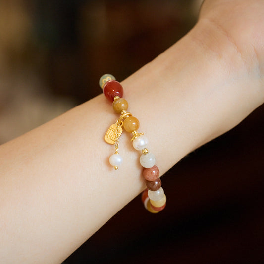 Natural Xinjiang Golden Silk Jade Bracelet for Women with Pearl Tassel, New Chinese Style High-end Jade Bead Bracelet, Gift for Best Friend