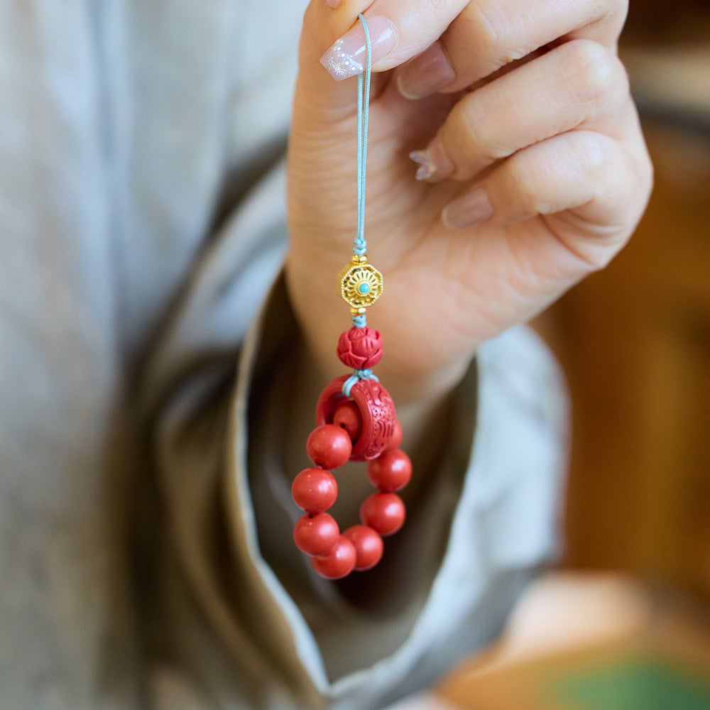 Natural Cinnabar Mobile Phone Charm Buddha Beads Red Sand Hand Toy Mobile Phone Lanyard Keychain Animal Year Pendant Gift