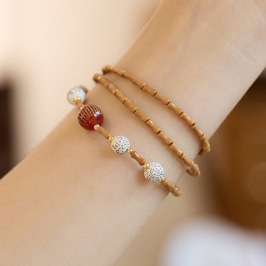 Temple Style Nan Red Dream Bamboo Knot Olive Pit Bracelet Star Moon Bodhi Red Agate Heart Sutra Three Circles Multi-Treasure Bracelet