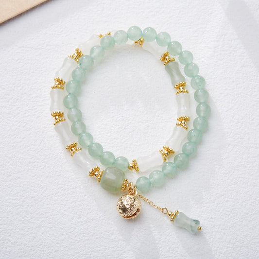 Natural Tianshan Jade Bamboo Knot Bracelet Green Dongling Jade Color Golden Silk Jade Swallowing Gold Beast Bell High-end Bracelet