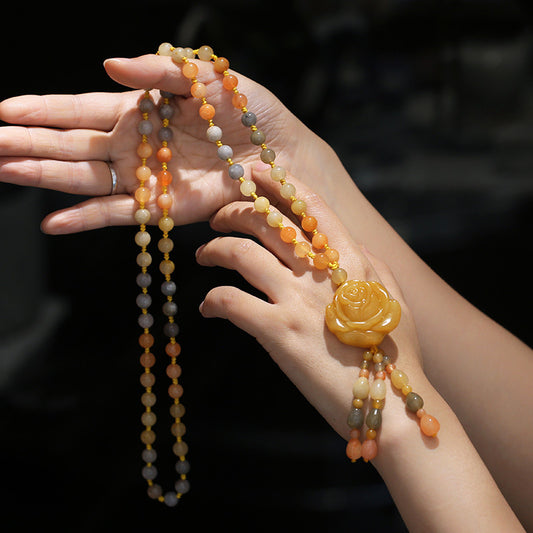 Qipao Beautiful Matching Xinjiang Gold Silk Jade Sweater Chain Necklace Rose Blossom Prosperous Women's Clothing Hanging Chain Jewelry Ethnic Style