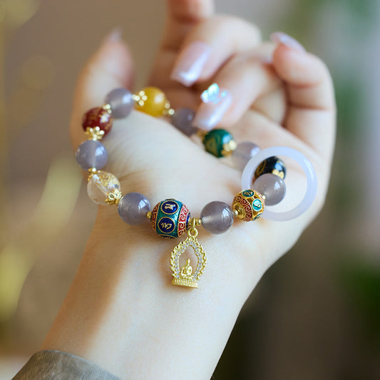 Temple Style Natural Agate Five-Way Wealth God Bracelet for Women Smoke Purple Agate Amulet Buddha National Style Beaded Bracelet