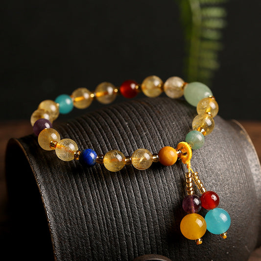 Original Design Multi-Treasure Jewelry Brazilian Natural Golden Rutilated Quartz Bracelet for Women, Vintage Agate Pink Quartz Bracelet