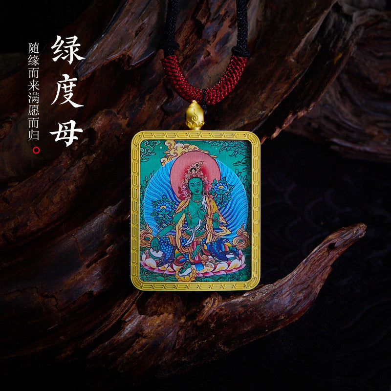 Tibetan Style Golden Thangka Necklace Five Green Tara Pendant Sweater Chain Gawu Box Zakilam Pendant Necklace