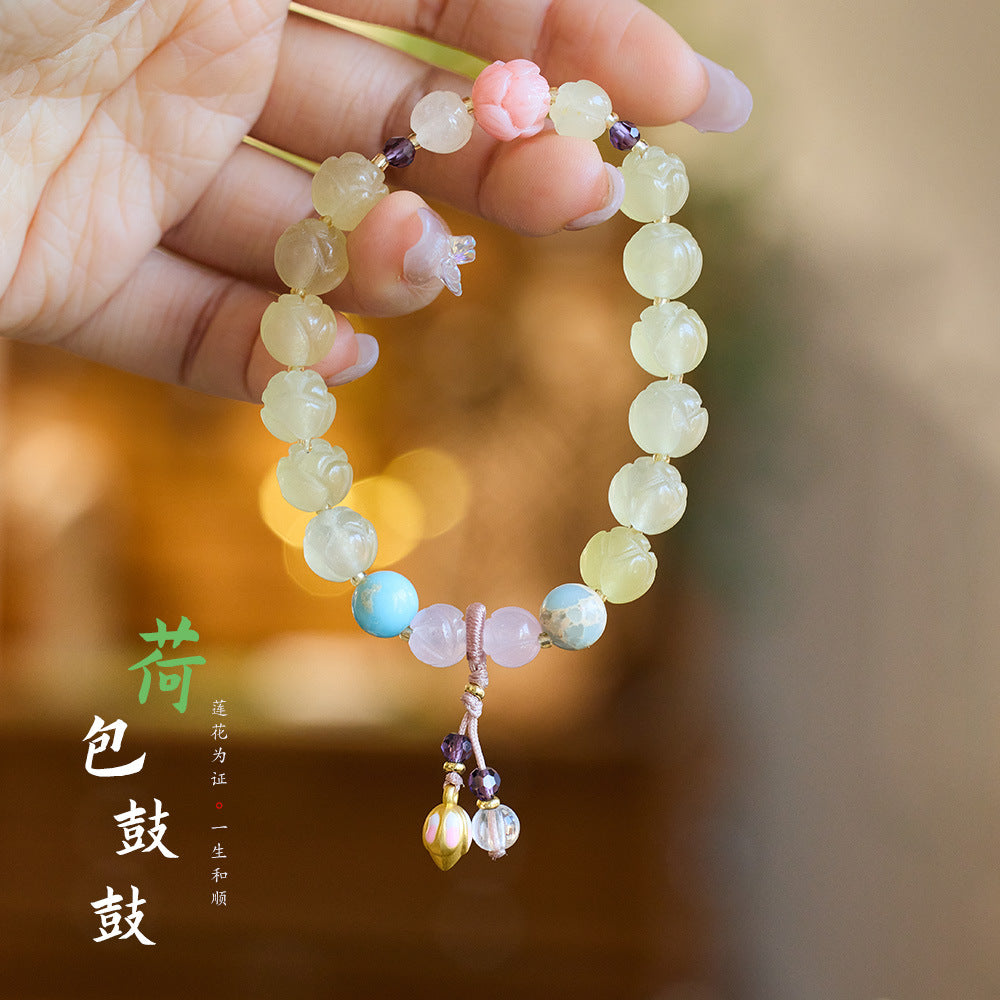 Tempel Natürliche Goldene Seide Jade Lotus Armband Viel Glück Lotus Tasche Trommel Antiken Stil Jade Armband