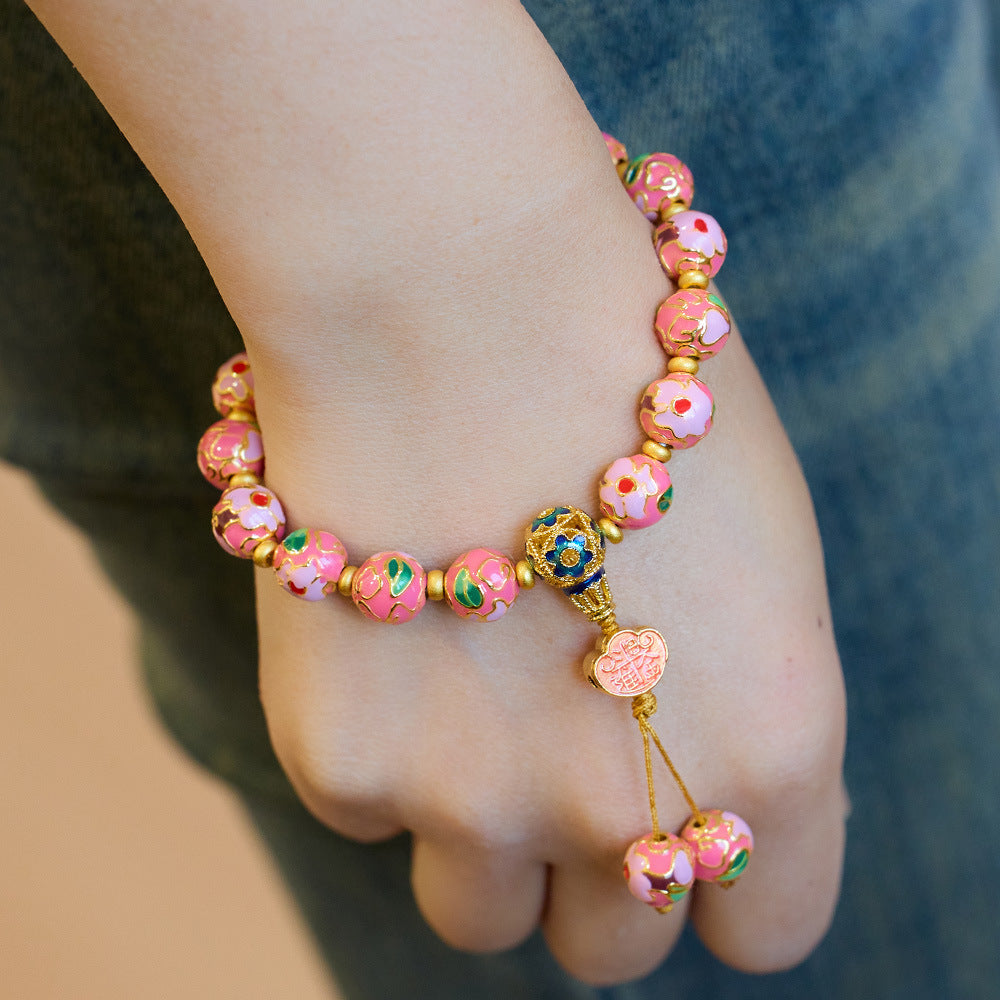 Temple Same Style Beijing Yongxiang Floral Bracelet for Women, Daily Prosperity, Enamel High Temperature Burnt Blue Dragon Year Bracelet for Women