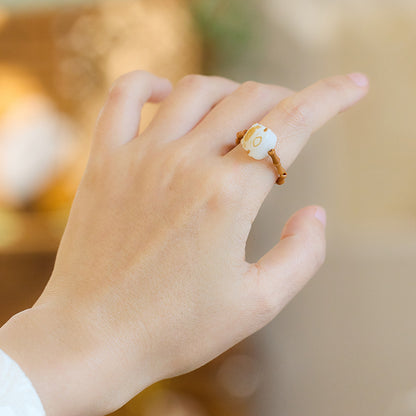 New Chinese Style Natural Hetian Jade Ring for Women Walnut Bamboo Knot Tail Ring Hanfu Chinese Style Accessories
