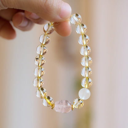 Natural Yellow Crystal Pixiu Bracelet for Women, Wealth Rolling Pink Crystal Pixiu Beaded Bracelet, Qixi Festival Gift for Girlfriend