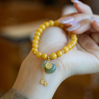 Natürliches gelbes Hühnerfett-Bienenwachs-Perlenarmband, weibliches Bernstein-Hetian-Jade-Einzelring-Armband, Retro-Chinoiserie