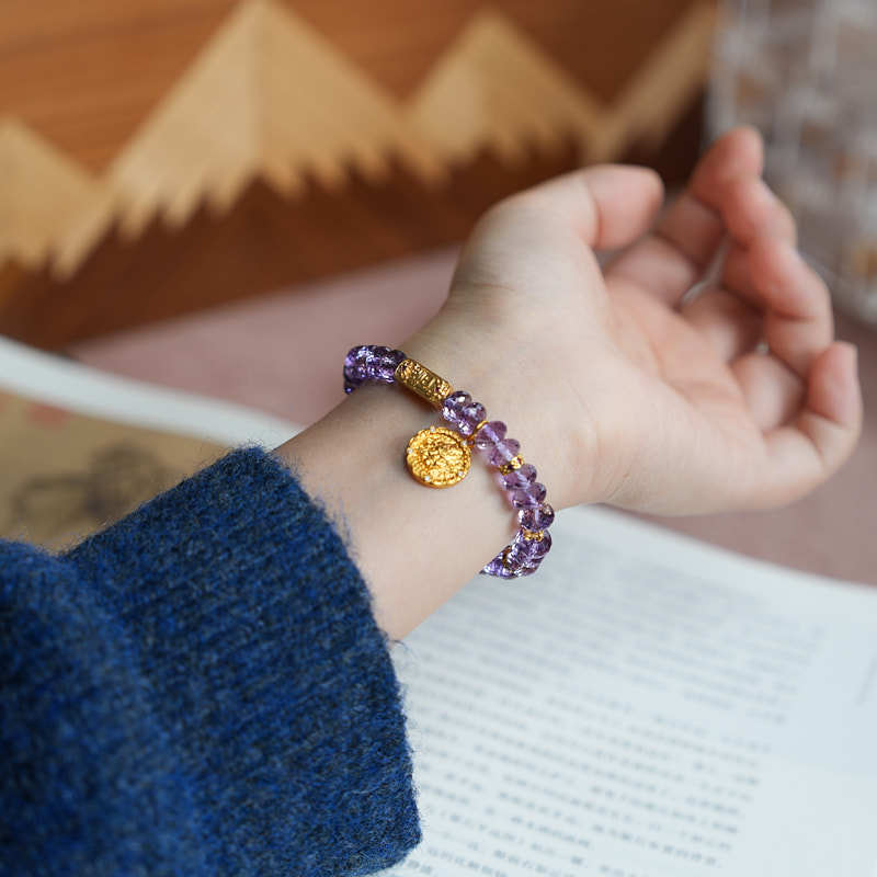 Nine Purple Fire Faceted Amethyst Bracelet for Women, Gold-Plated Yellow Wealth God Straight Cut High-End Crystal Jewelry Bracelet