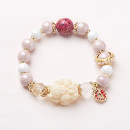 Tempel Gleicher Stil Neunschwänziger Fuchs Duftendes graues Porzellan Farbige Glasur Armband Weiblicher Fuchs Dämon Kleine Rote Dame Pfirsichblüte Viel Glück Perlen Armband