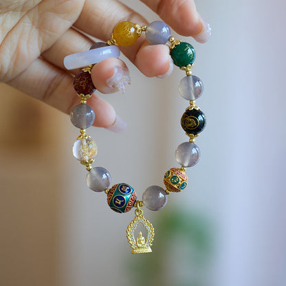 Armband aus natürlichem Achat im Tempelstil, Fünfwege-Reichtumsgott, für Frauen, rauchviolettes Achat-Amulett, Buddha, Perlenarmband im nationalen Stil