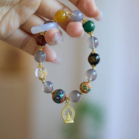 Temple Style Natural Agate Five-Way Wealth God Bracelet for Women Smoke Purple Agate Amulet Buddha National Style Beaded Bracelet