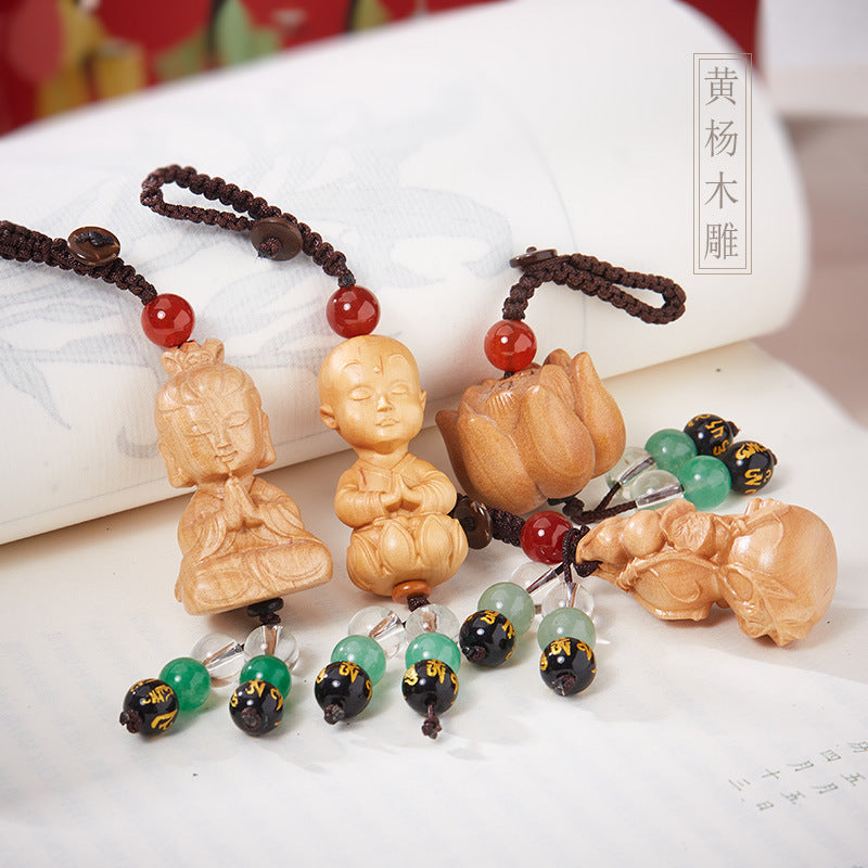 Natural Boxwood Carving Shakyamuni Guanyin Maitreya Buddha Lotus Heart Car Keychain Pendant Bag Small Accessories