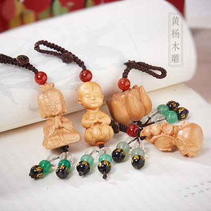 Natural Boxwood Carving Shakyamuni Guanyin Maitreya Buddha Lotus Heart Car Keychain Pendant Bag Small Accessories