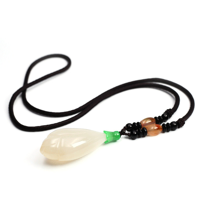 Natural Agate Jade Lotus Flower Necklace for Women Ice White Agate Pendant Sweater Necklace Versatile Jewelry
