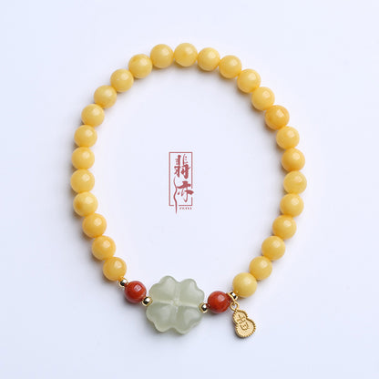 Natürliches gelbes Hühnerfett-Bienenwachs-Perlenarmband, weibliches Bernstein-Hetian-Jade-Einzelring-Armband, Retro-Chinoiserie