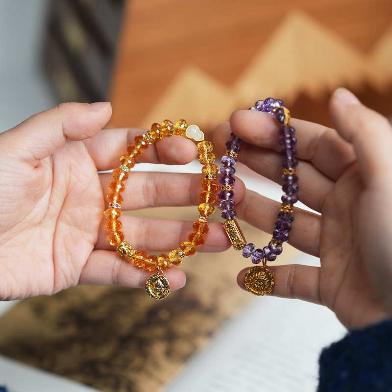 Nine Purple Fire Faceted Amethyst Bracelet for Women, Gold-Plated Yellow Wealth God Straight Cut High-End Crystal Jewelry Bracelet