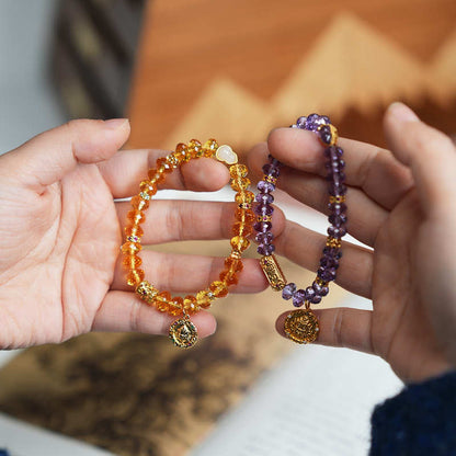 Nine Purple Fire Faceted Amethyst Bracelet for Women, Gold-Plated Yellow Wealth God Straight Cut High-End Crystal Jewelry Bracelet