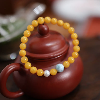 Natürliches gelbes Hühnerfett-Bienenwachs-Perlenarmband, weibliches Bernstein-Hetian-Jade-Einzelring-Armband, Retro-Chinoiserie