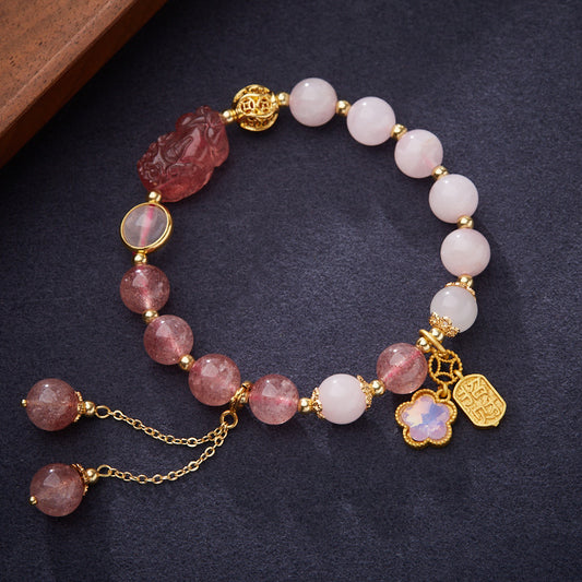 Natural Strawberry Quartz and Pink Quartz Double Bracelet for Women Strawberry Quartz Pixiu Wealth Flower Good Luck Bracelet Crystal Bracelet
