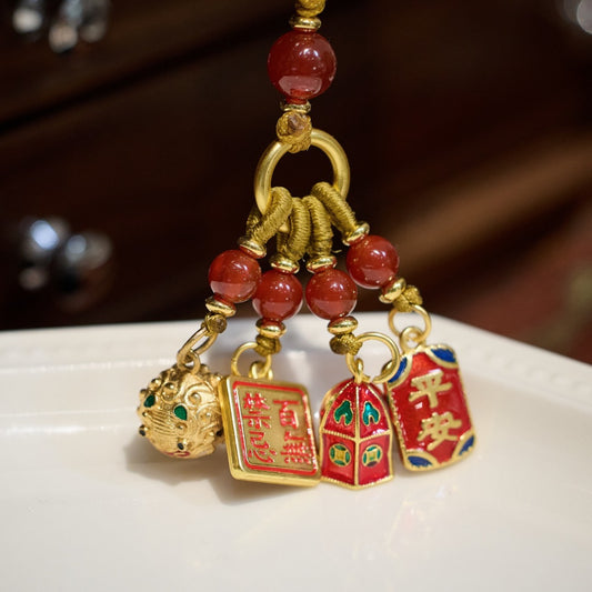 Chinese Retro Enamel Color God of Wealth Brass Key Buckle Ancient Law Alluvial Gold Birth Year Handmade Ornaments Small Gift