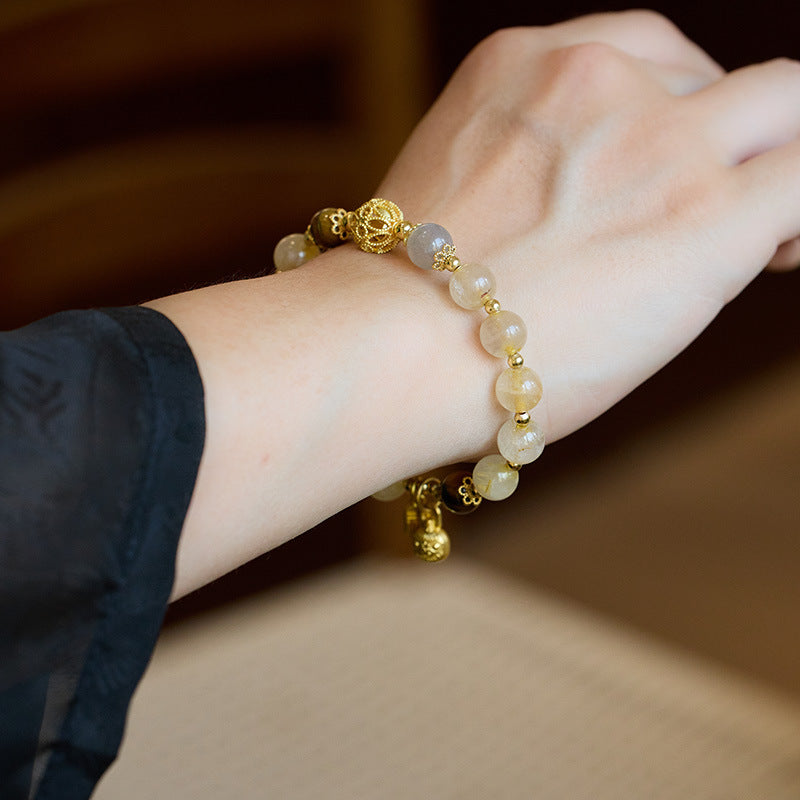 Natural Golden Rutilated Quartz Bracelet for Women, Yellow Rutilated Quartz Moonstone Gold-Devouring Beast Bracelet, Wealth Stone Gift for Girlfriend