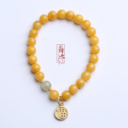 Natürliches gelbes Hühnerfett-Bienenwachs-Perlenarmband, weibliches Bernstein-Hetian-Jade-Einzelring-Armband, Retro-Chinoiserie