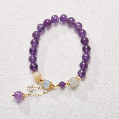 Unique Design Natural8MM Amethyst Bracelet for Women with Pearl Pendant and Tassel, Female Jewelry, Best Friend Gift