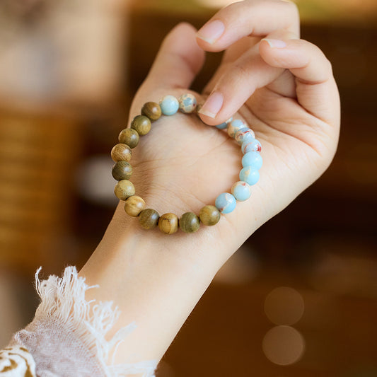 National Style Shoushan Stone Bracelet for Women Fashion Single Circle Green Sandalwood Bead Bracelet Artistic Ethnic Retro Jewelry