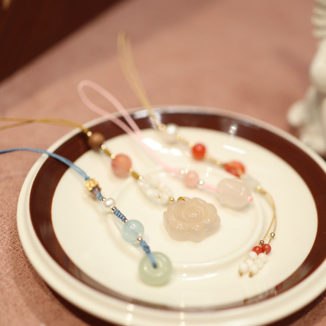 Natural Chalcedony Agate Hand Twisting Beads Phone Pendant Collection Soft Finger String Phone Chain Ancient Style Bag Strap