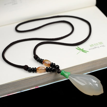 Natural Agate Jade Lotus Flower Necklace for Women Ice White Agate Pendant Sweater Necklace Versatile Jewelry