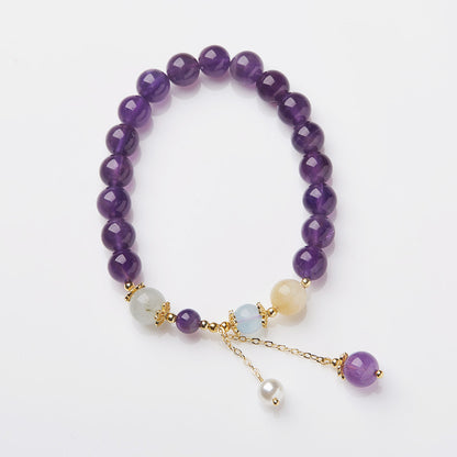 Unique Design Natural8MM Amethyst Bracelet for Women with Pearl Pendant and Tassel, Female Jewelry, Best Friend Gift