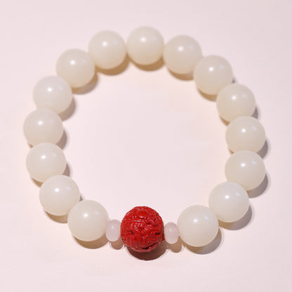 Natural12MM White Jade Bodhi Bracelet Cinnabar Red Sand Bracelet Pliable Temperament Bracelet Men and Women Single Circle Prayer Beads Beads