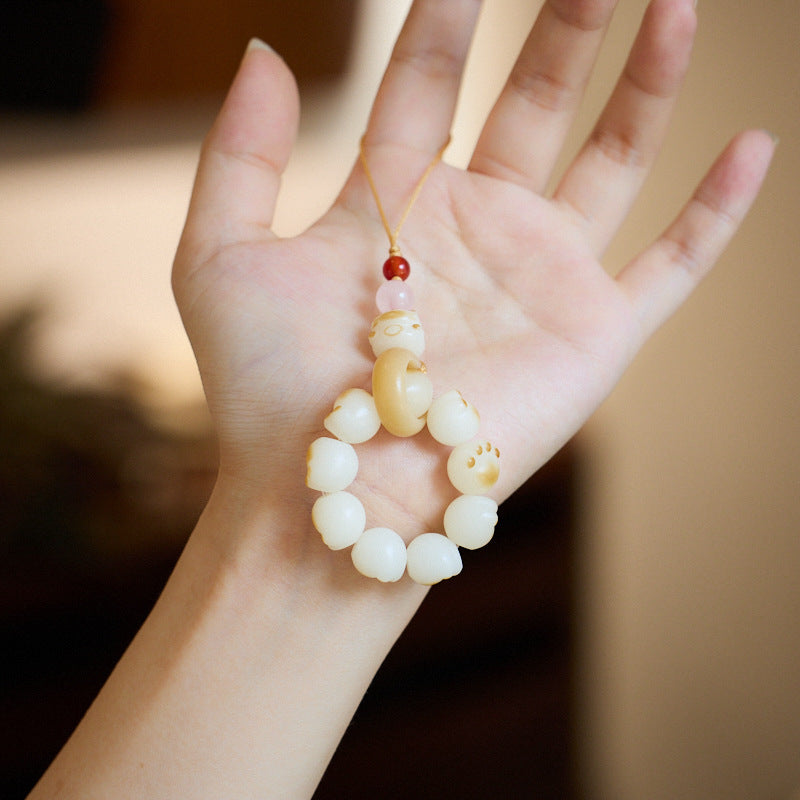 Natural White Jade Bodhi Phone Chain Charcoal Burnt Kitten Pendant Hand Twist Bag Hanging High-end Cultural Play Car Pendant