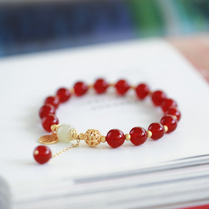 Natural8MM Red Agate Bracelet S925Silver and Gold Cloud Pattern Hetian Jade Fortune Bracelet for Women, Chinese Style Qixi Gift