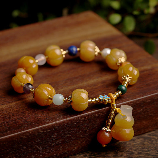 Feiyi Jewelry Gold Silk Jade Bracelet Drum Beads Pumpkin Beads Gourd Ethnic Style Bracelet Yellow Jade Pixiu Bracelet for Women