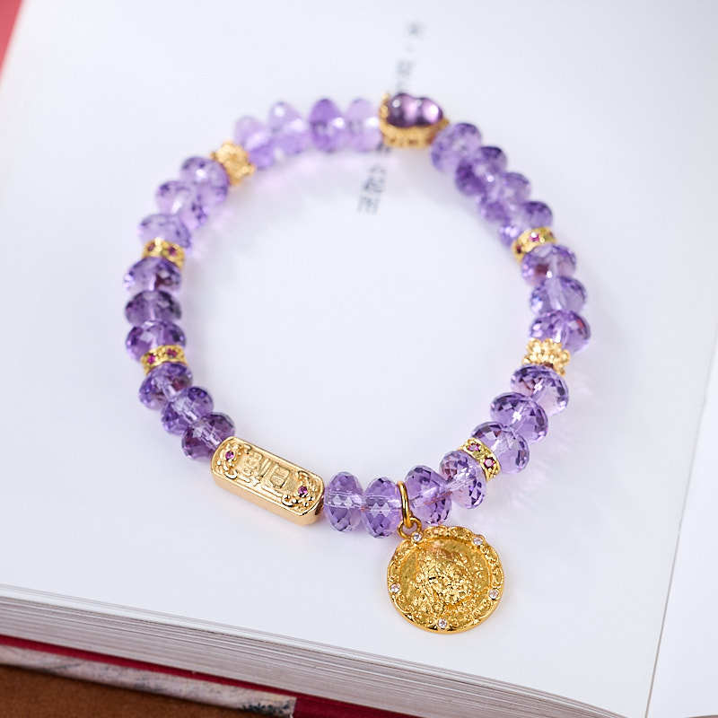 Nine Purple Fire Faceted Amethyst Bracelet for Women, Gold-Plated Yellow Wealth God Straight Cut High-End Crystal Jewelry Bracelet