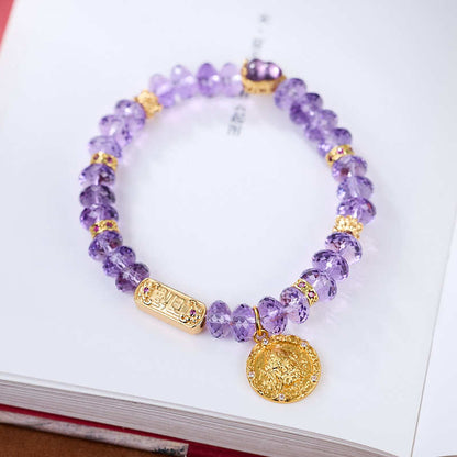 Nine Purple Fire Faceted Amethyst Bracelet for Women, Gold-Plated Yellow Wealth God Straight Cut High-End Crystal Jewelry Bracelet