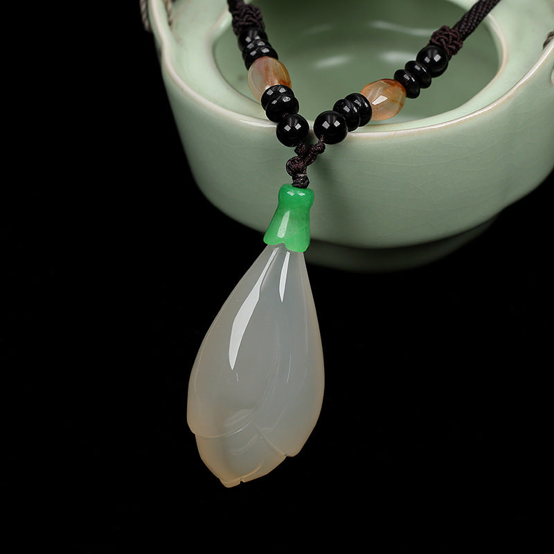 Natural Agate Jade Lotus Flower Necklace for Women Ice White Agate Pendant Sweater Necklace Versatile Jewelry