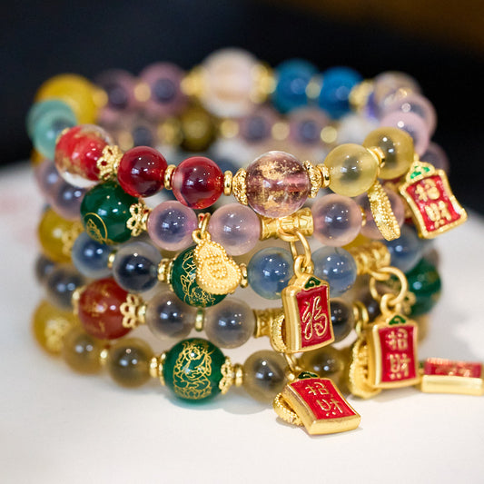 Temple Same Style Natural Heart Agate Bracelet Female Five Gods of Wealth Heart Agate Bracelet High Sense Gift