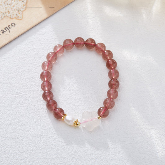 Natural Strawberry Quartz Bracelet for Women Wealth Flower Pixiu Good Luck Pink Crystal Gemstone Design Bracelet Gift