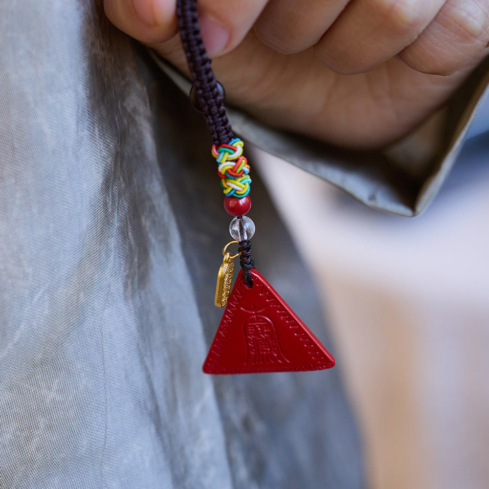 Temple Style Natural Cinnabar Keychain Triangle Red Card New Year Cinnabar Pendant Buddhist Youth Pendant