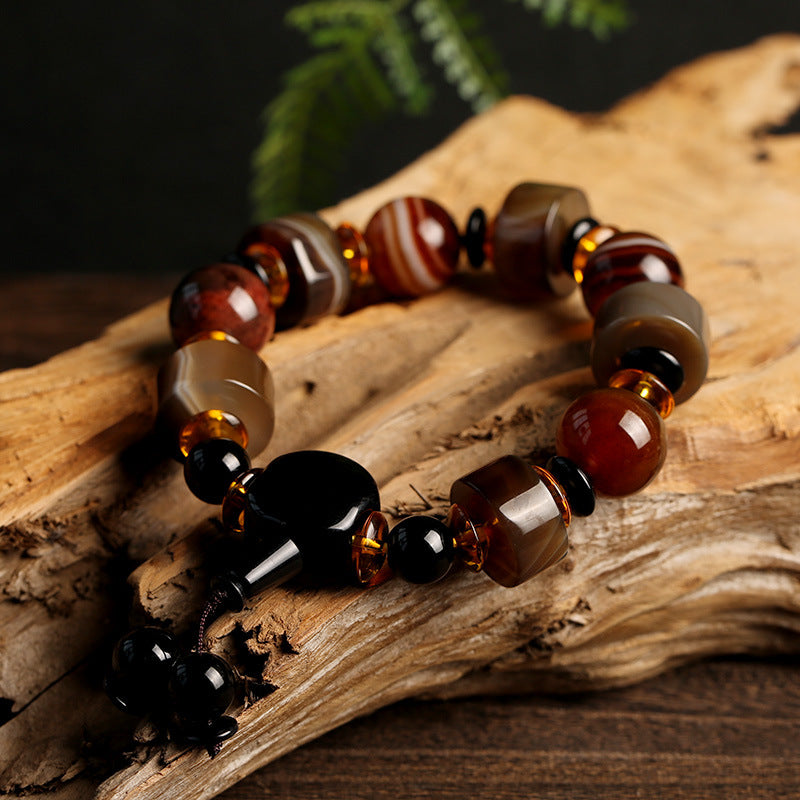 Originales Armband aus natürlichem Achat mit eingewickelter Seide, dominantes Einzelkreis-Armband aus Abakus-Perlen für Herren im Ethno-Stil, Geschenkzubehör
